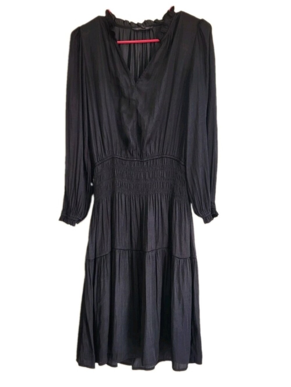 Grade & Gather Black Satin Smocked Waist Tiered Dress Size Small S